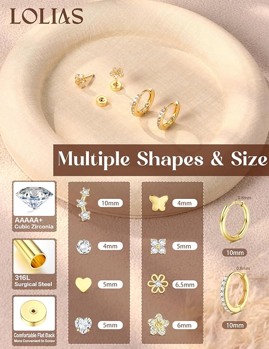 LOLIAS Flat Back Earrings for Women Girls - Hypoallergenic Surgical Stainless Steel Earrings for Sensitive Ears 14K Gold Plated Heart Flower Stud Earring Set Small Huggie Hoop Cartilage Earring Stacks