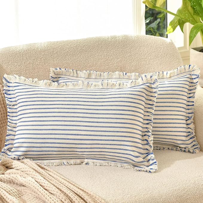 ZWJD Throw Pillow Covers 12x20 Set of 2 Striped Pillow Covers with Fringe Chic Cotton Decorative Pillows Square Cushion Covers for Sofa Couch Bed Living Room Farmhouse Decor(Bright Blue)