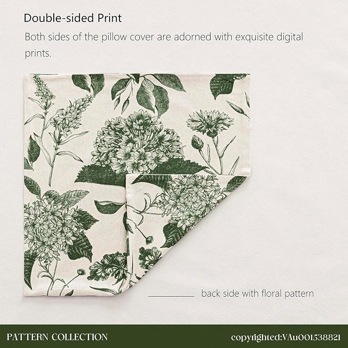 Foindtower Set of 2 Linen Floral Throw Pillow Covers Neutral Vintage Print Decorative Cozy Cushion Covers Farmhouse Boho Home Decor for Sofa Chair Couch Bedroom Living Room,22×22 Inch,Dark Green