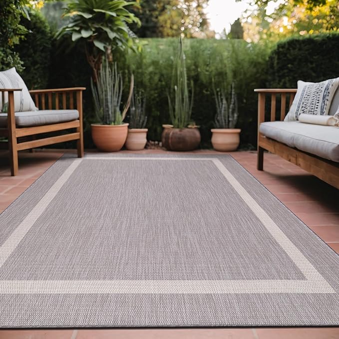 Luul Home Bordered Outdoor Rug 5x7 Washable Outside Carpet for Indoor Patio Porch Waterproof Easy Cleaning Non Shedding Area Rugs Gray 5 x 7