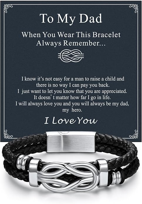 ChainsHouse Square Love Knot Bracelets for Men Braided Leather Stainless Steel Infinity Bracelets with Love Message Card Aniversary Birthday Gift for Men/Love/Husband/Dad