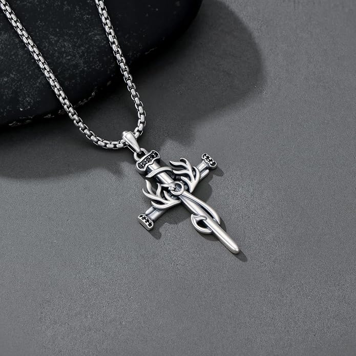 Crown of Thorns Necklace for Men 925 Sterling Silver Nail Cross Necklace Pendant Religious Christian Jewelry Valentines Day Gifts for Men