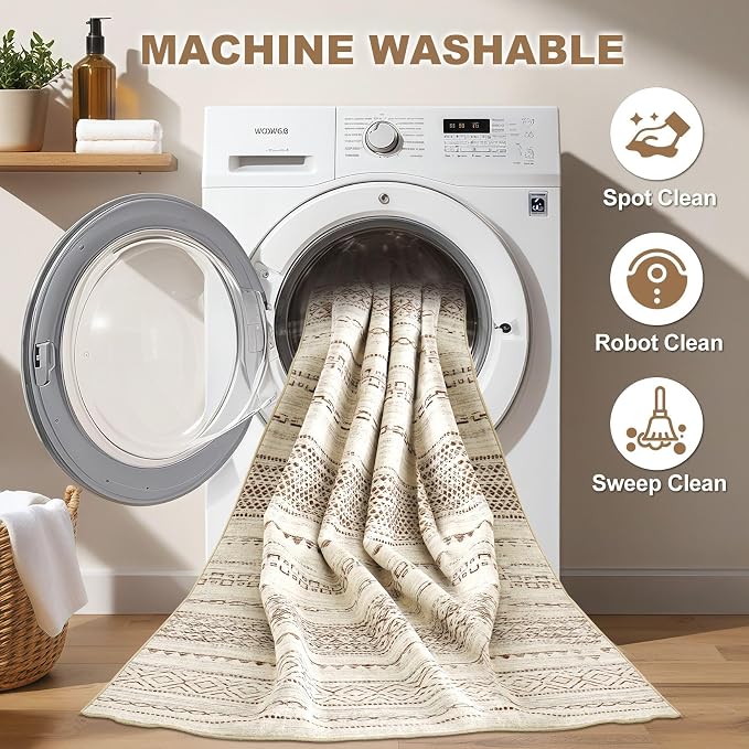 Nakagishi 7x9 Area Rug Living Room: Washable Boho Large Neutral Modern Soft Farmhouse Rugs Stain Resistant Indoor Floor Non-Slip Carpet for Bedroom Nursery Kids Playroom Office Dining Room- Brown
