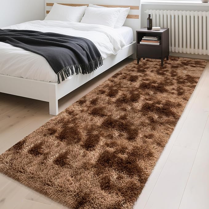 3x10 ft Plush High Pile Brown Tie Dyed Rug Fluffy Soft Runner Bedside Rug for Bedroom Living Room Hallway Nursery Kids Home Decor Shag Carpet