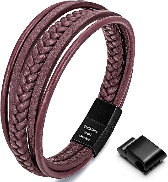 murtoo Mens Leather Bracelet with Clasp Cowhide Multi-Layer Braided Leather Mens Bracelet