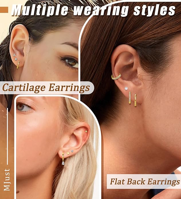 MJust 18 Pairs Women‘s Hypoallergenic Flat Back Stud Earrings, 20g Stainless Steel Earrings Sets for Men, Tiny Unisex Screw Back Cartilage Earrings.