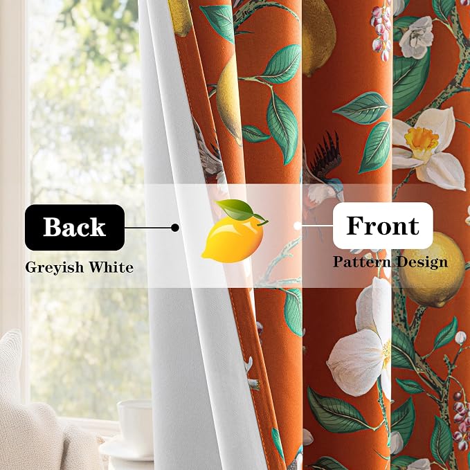 MYSKY HOME Floral Blackout Curtains Panels 84 inches Room Darkening Grommet Vintage Curtains & Drapes with Flower Lemon Hummingbird Patterned for Bedroom Nursery Kids Room, Pack-2, 52", Burnt Orange
