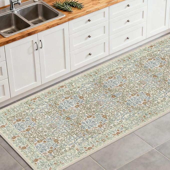Washable 2'6" x 10' Runners for Hallways, Non Slip Long Floor Runner for Kitchen, Entryway Indoor, Stain Resistant Rubber Backing Floral Décor Rug (Beige Blue)