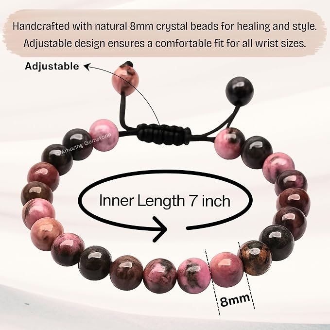 Amazing Gemstone Rhodonite Bracelet, Gifts for Men & Women - Protection Healing Crystal Bracelet - 8mm Gemstone Beaded Adjustable Bracelet, Pulseras para Hombres Mujer Stocking Stuffers