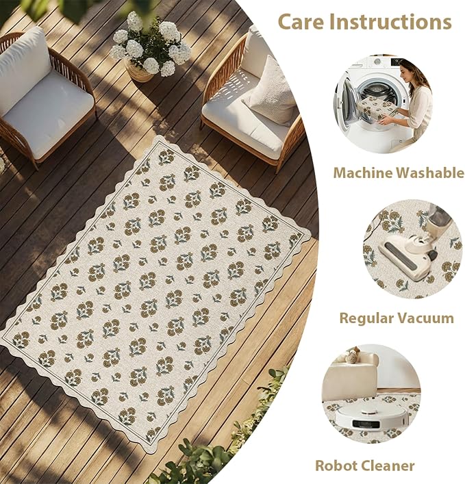 ORTIGIA Scalloped Easy Jute 5x7 Area Rug Vintage Yellow Block Floral Farmhouse Washable Rug Non-Slip Indoor Outdoor Carpet for Living Room Bedroom Patio Entryway