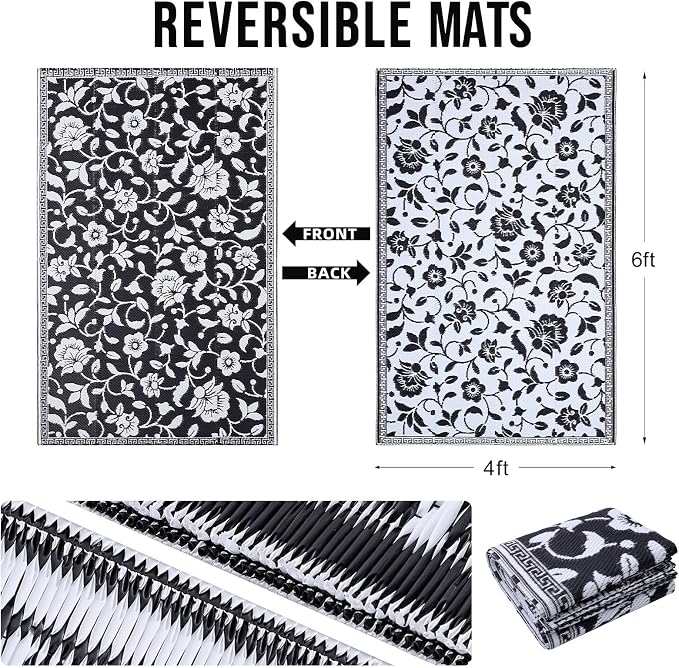 OLANLY Waterproof Outdoor Rug 4x6 ft, Outdoor Plastic Straw Rug with Flower Pattern, Reversible RV Mat for Patio, Camping, Balcony, Deck, Backyard, Black & White