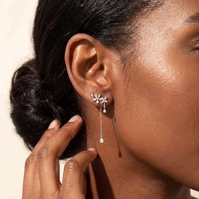 SLUYNZ 925 Sterling Silver Dainty CZ Flowers Wrap Earrings Dangle Chain for Women Elegant Dangling Earrings Bridal Earrings Wedding Engagement Drop Earrings Prom Engagement Party Jewelry