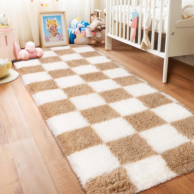 Pionblank Checkered Rug for Bedroom 2x6, Fluffy Runner Rugs for Living Room, Super Soft Shaggy Bedside Carpet for Kids Room Nursery Teens Dorm Decor, Beige and Cream White