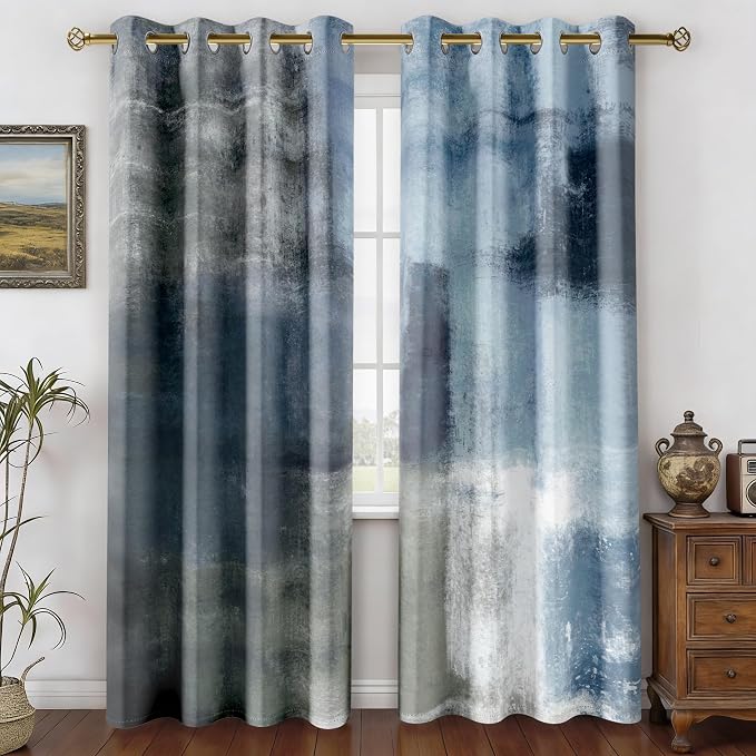 Asuexpect Dusty Blue Abstract Curtains 2 Panels Set Navy Grey Geometric Curtain Modern Chic Window Treatments Decorative for Farmhouse Living Room Bedroom Window 50% Darkening Curtain 52x63 Inch
