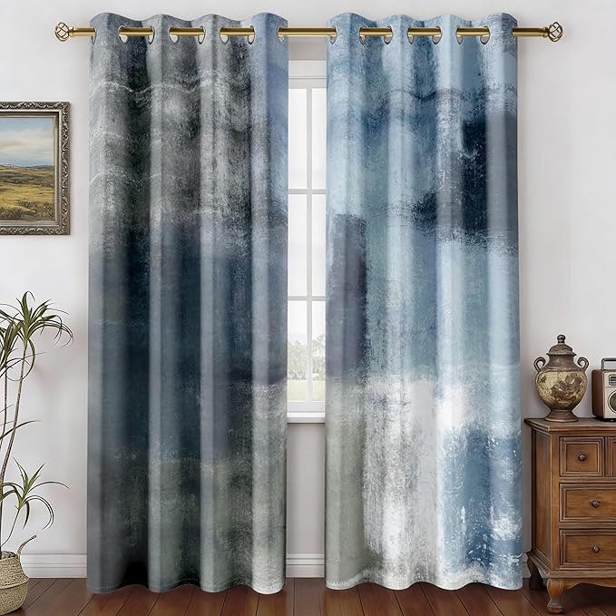 Asuexpect Dusty Blue Abstract Curtains 2 Panels Set Navy Grey Geometric Curtain Modern Chic Window Treatments Decorative for Farmhouse Living Room Bedroom Window 50% Darkening Curtain 52x108 Inch