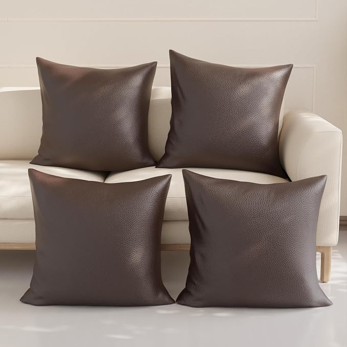 Encasa XO Faux Leather Throw Pillows Covers 20"x20" (Set of 4) | Dark Brown Decorative Cushion Covers | Modern Farmhouse Pillow Cases for Outdoor, Living Room, Bedroom, Couch, Sofa