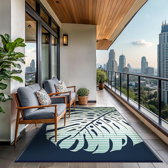 GENIMO Outdoor Rug, Waterproof Plastic Rugs for Patio, 6'x9' Sea Green | Outside Larger Leaf Carpet Mat for Porch Decor, Deck, Balcony, Camping, RV, Backyard, Picnic, Beach, Reversible, Foldable