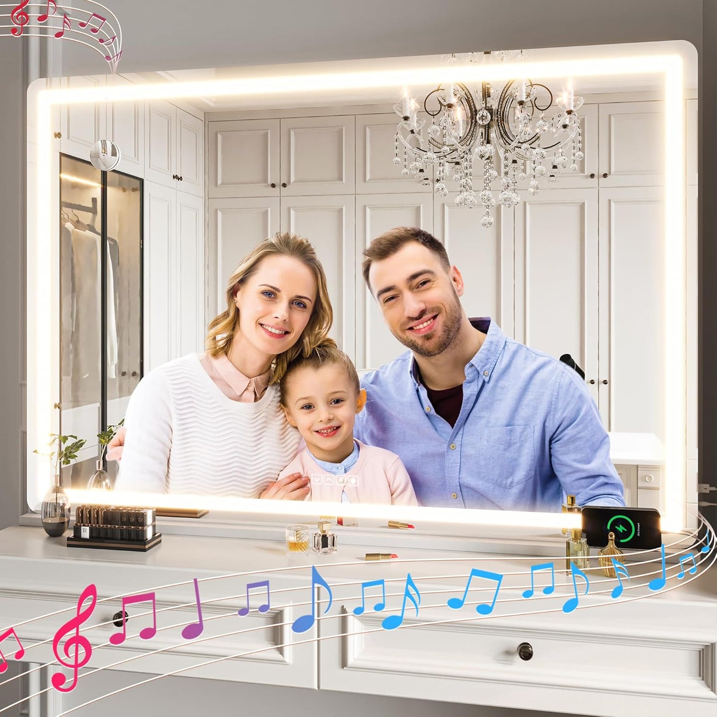 Hasipu Vanity Mirror with Lights and Bluetooth Speaker, 41.3" x 29.5" LED Makeup Mirror, Lighted Makeup Mirror with Dimmable 3 Modes, Touch Screen Control Vanity Mirror Round White