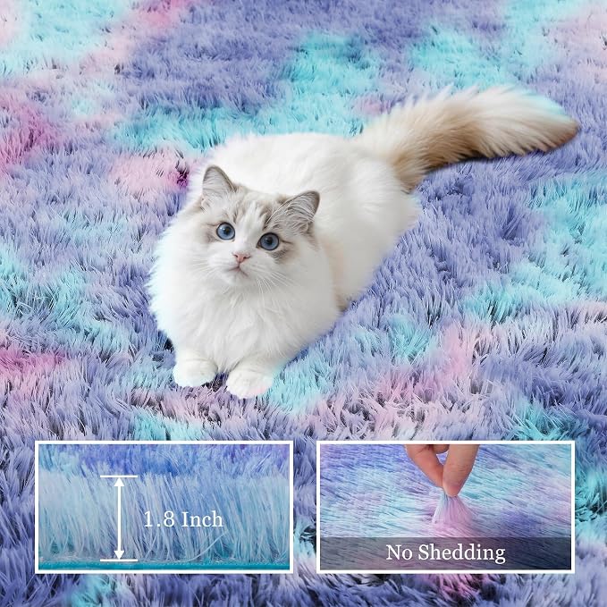 Fluffy Area Rugs 9x12 Living Room Bedroom: Ultra Soft Shag Rug Upgrade Non-Slip Non-Shedding Large Fuzzy Plush Carpet Indoor Floor Carpets for Kids Room Playroom Nursery Dorms Home Rainbow Purple
