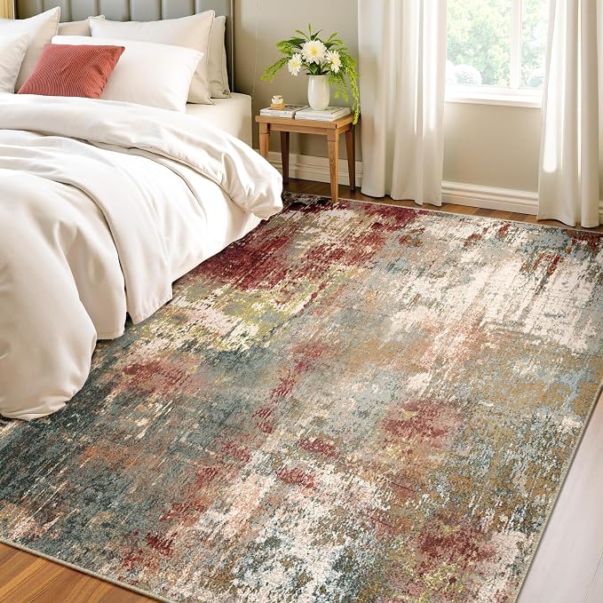 RELEANY Washable Area Rugs 4'x6' Non-Slip Modern Abstract Soft for Living Room Entryway Bedroom Kitchen, Print Pattern, Brown Rust Red Green Blue Multi
