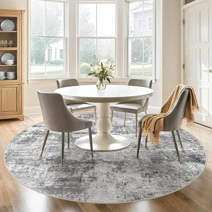 DMOYEST 8ft Round Area Rug for Living Room - 8x8 Washable & Non Slip Circle Rug, Kid & Pet Friendly Soft Low Pile Abstract Carpet for Bedroom and Dining Room - Grey