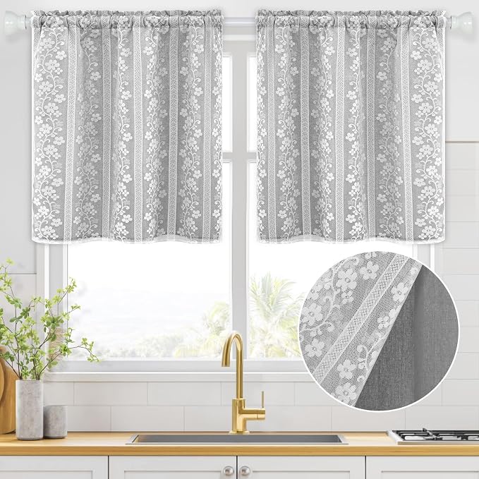 ASPMIZ Linen Kitchen Curtains 24 Inch Length, Double Layered Window Curtain 2 Panel Sets Rod Pocket Short Curtains for Kitchen, Farmhouse Window Treatment Tiers for Bathroom, Cafe, Grey