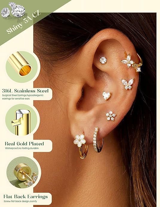 LOLIAS Hypoallergenic Flat Back Earrings for Women Girls-Cute Toddler Kids Teen Girls Earring Set-Surgical Steel Earrings for Sensitive Ears-14K Gold Plated Stainless Steel Flatback Studs Screw Back Small Hoop Cartilage Earring Stacks