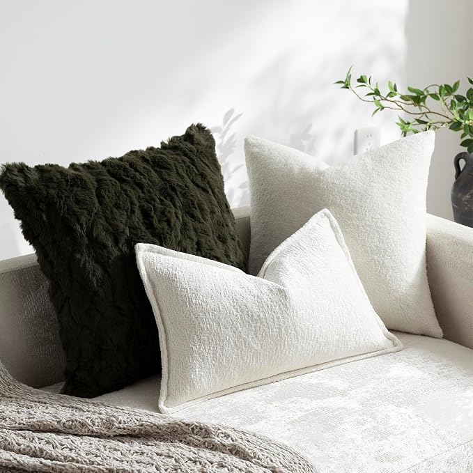 DEZENE Pack of 2 Cream White Decorative Throw Pillow Covers 12x20 Cozy Soft Chenille Accent Vintage Rectangular Lumbar Couch Pillow Covers for Home Decor Bed Sofa Living Room