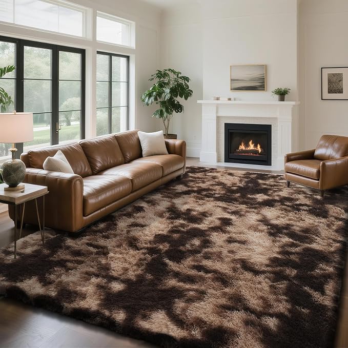 yongyangjuxin Fluffy Rug Shag Area Rug, Mottling Brown 8x10 Area Rugs for Living Room, Large Shag Area Rugs for Bedroom Room Home Decor, Upgrade Anti-Skid Rectangular Fuzzy Rugs