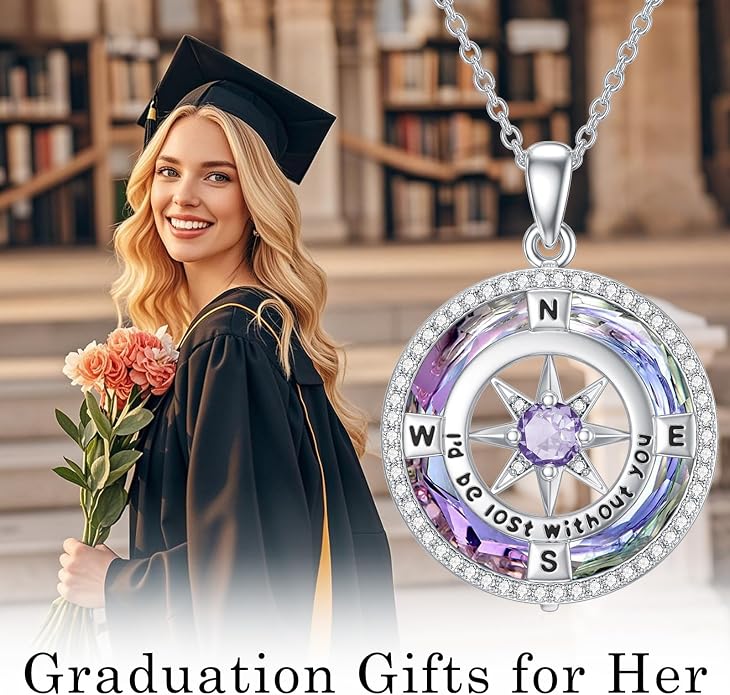 TOUPOP Necklace Gifts for Wife Compass Jewelry Women Anniversary Girlfriend Birthday Gift for Her Valentines I'd be Lost without You Sterling Silver Birthstone Necklaces