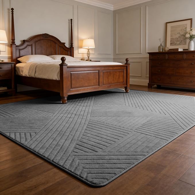 Grey 8x10 Geometric Area Rug - Modern Geometric High-Low Pile Gray Rugs for Living Room Bedroom, Washable Non-Slip Textured Indoor Carpet for Nursery, Kids Room, Apartment House, Home Office