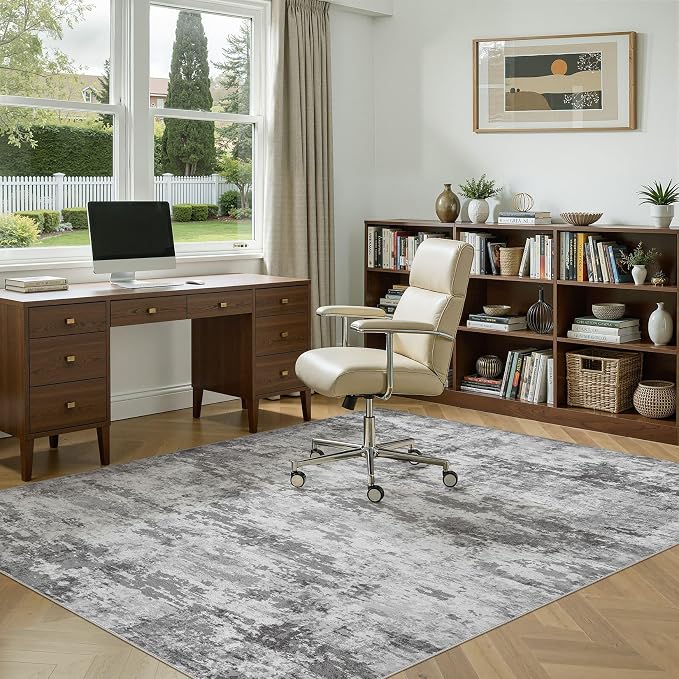 7x9 Area Rug, Non Slip Low Pile Washable Large Rug for Living Room | Soft Modern Abstract Carpet, Stain Resistant Kid & Pet Friendly, Made for Dining Room, Nursery Home Office Indoor - Dark Gray
