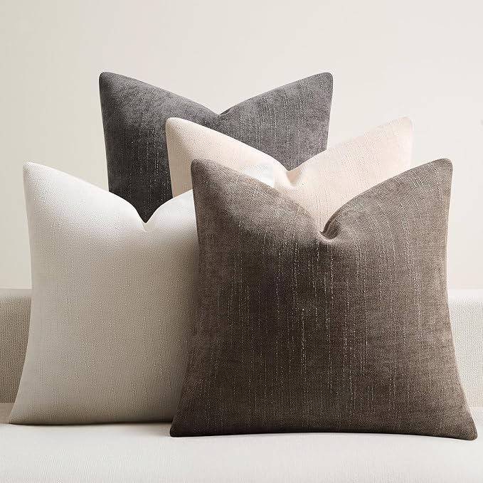 Pack of 4 Throw Pillow Covers 18x18 Inch Chenille Textured Neutral Soft Pillow Covers Solid Decorative Farmhouse Cushion Covers Home Boho Decor for Couch Sofa Bed Living Room