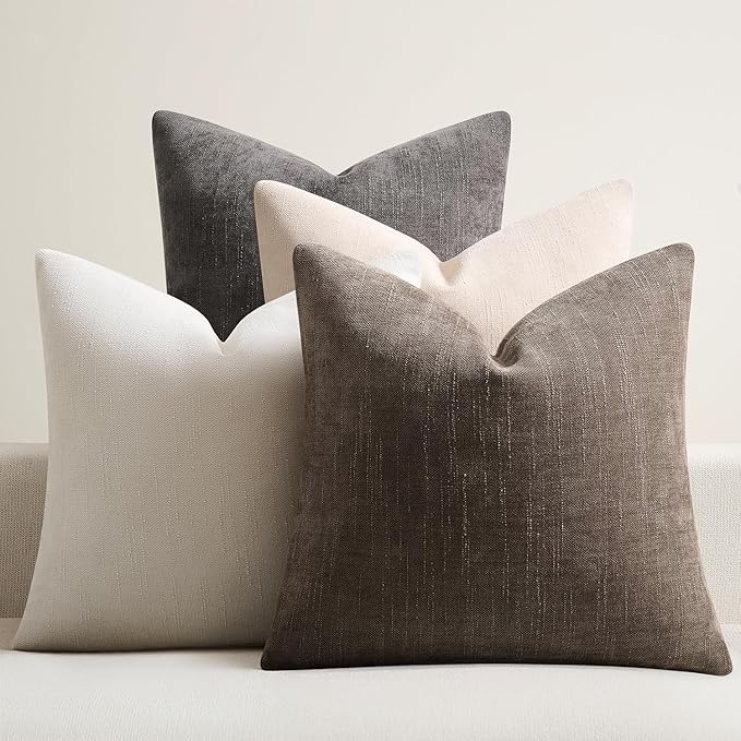 Pack of 4 Throw Pillow Covers 20x20 Inch Chenille Textured Neutral Soft Pillow Covers Solid Decorative Farmhouse Cushion Covers Home Boho Decor for Couch Sofa Bed Living Room