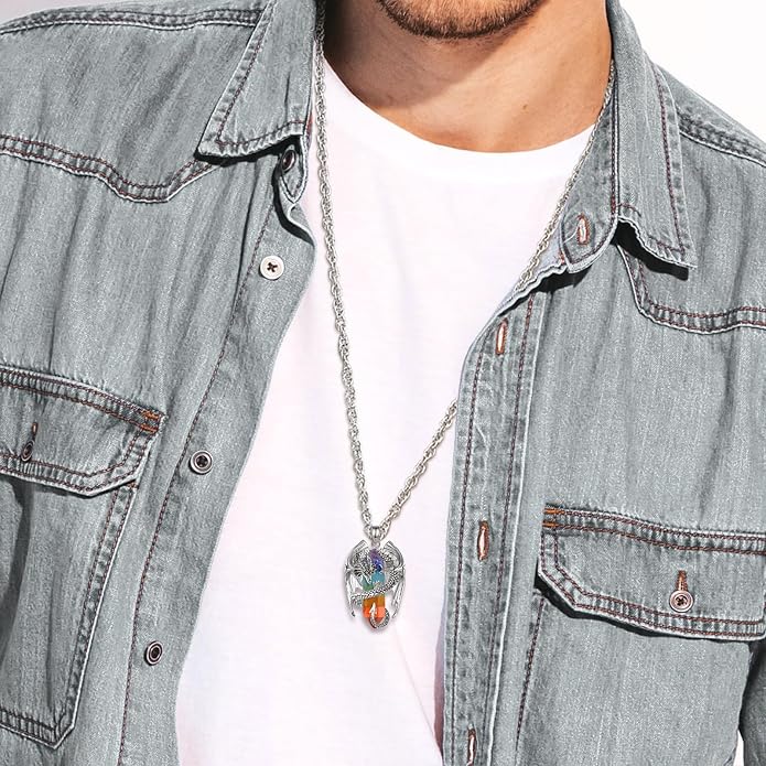 INFUSEU Unique Dragon Necklaces with Healing Crystal Stone for Men Women, Personalized Spiritual Gifts, 24 Inch Chain