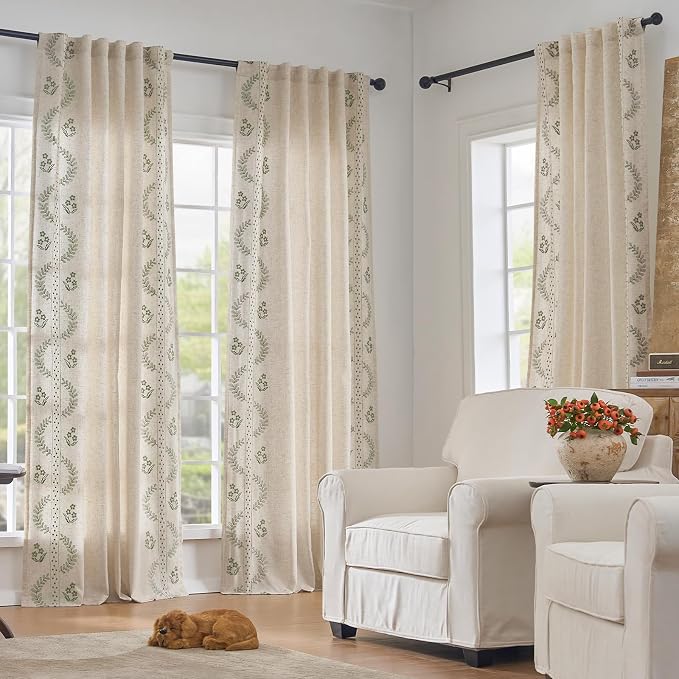 jinchan Floral Lined Linen Curtains 84 Inch Back Tab 2 Panels Sage Green | Embroidered curtains,privacy lining,boho curtains,light filtering,living room,bedroom,flower patterned,window treatment