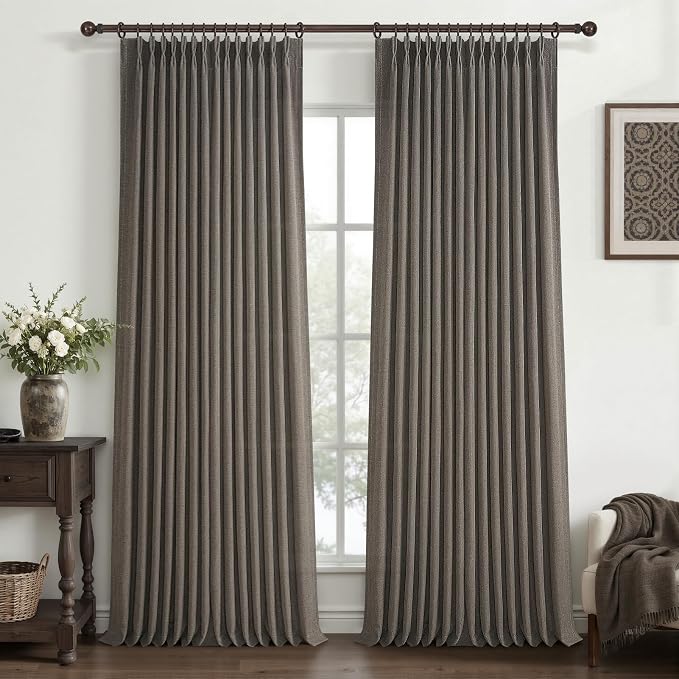 Chocolate Tart Pinch Pleat 90 Inch Bedroom Curtains 2 Panels Set, Memory Shape Natural Linen Semi Sheer Light Filtering Privacy Heavy Windows Drapes Country Dining Room Viral Curtain with Hooks Rings