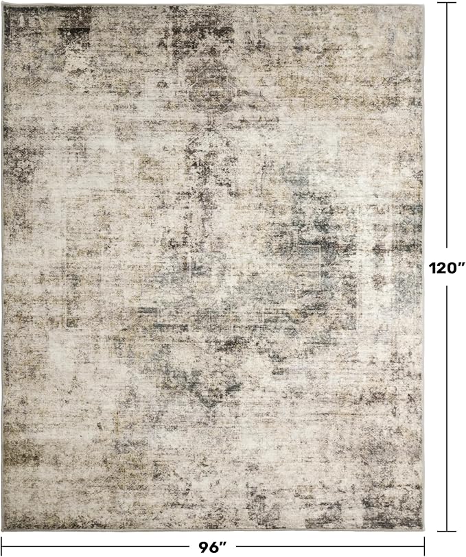 Farmhouse 8x10 Washable Area Rugs for Living Room, Neutral Taupe Brown Abstract Rug for Dining Room and Bedroom, Soft Foldable Low Pile Carpet, Stain Resistant Non-Slip Backing