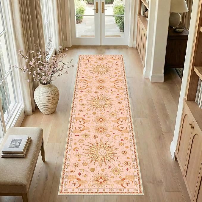 Vacuum-Friendly, 2x8 Washable Area Rug, Pink Gold Beige Red | Sun and Moon Boho Gothic Non-Slip Low Pile Living Roon Bedroom Dining Room Kitchen Entry Entryway Entrance Hallway Doormat