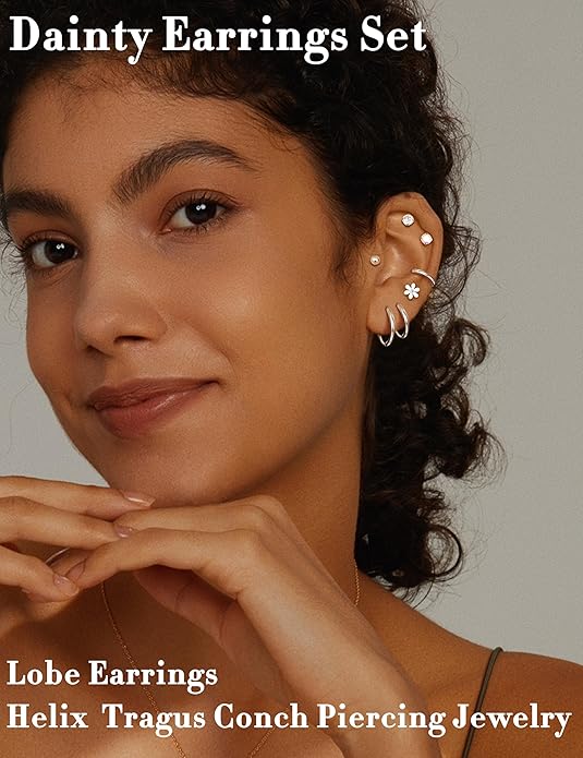 LOLIAS 21Pairs Surgical Steel Flat Back Earrings Hypoallergenic 20G Screw Back Nap Stack Cartilage Earring Stacks
