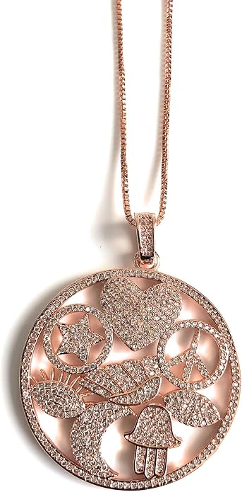 SIFRIMANIA Large Symbol Charm Necklace 18K Rose Gold Plated 18–20 Inch Adjustable Box Chain Round CZ Statement Pendant