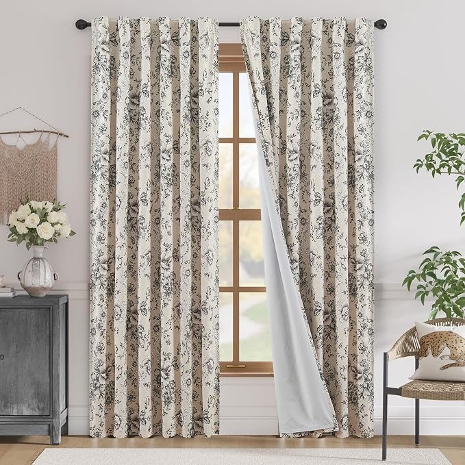 jinchan Black Floral Linen Blackout Curtains 90 Inch Back Tab 2 Panels | Blackout lining, room darkening drapes, farmhouse, vintage, cottagecore, rustic, bedroom, living room, window treatment