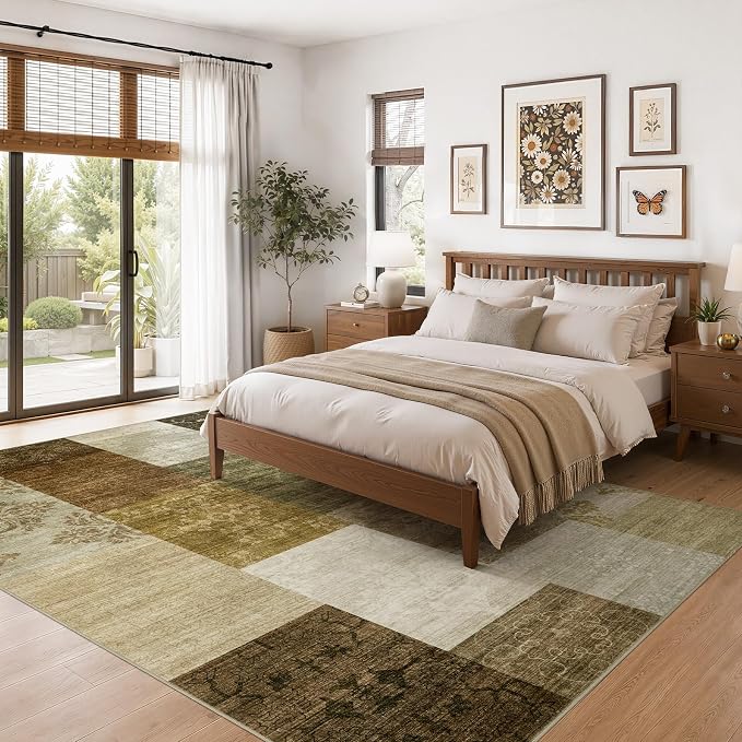 UERMEI 9x12 Area Rug for Living Room - Washable Neutral Modern Abstract Carpet, Non-Slip Soft Large Indoor Floor Rugs for Bedroom Home Office & Under Dining Table Decor, Brown/Green