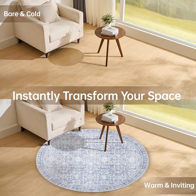 Sasttie Round Rug 4ft, Ultra-Soft Washable Circle Rug, Low Pile Foldable Thin Rugs with Non-Slip Backing, Skin-Friendly Stain Resistant Carpet for Living Room, Bedroom, Kitchen, Dorm, 4ft, Light Blue
