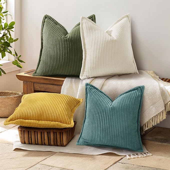 decorUhome Fall Corduroy Turquoise Throw Pillow Covers 16x16 Set of 2 | Couch Decorative Soft Modern Boho Farmhouse Pillow Covers Broadside Striped Pillow Cases for Living Room Bed Sofa