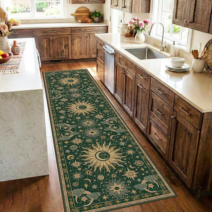 Vacuum-Friendly, 2x8 Washable Area Rug, Green Gold Yellow | Sun and Moon Boho Gothic Non-Slip Low Pile Living Roon Bedroom Dining Room Kitchen Entry Entryway Entrance Hallway Doormat