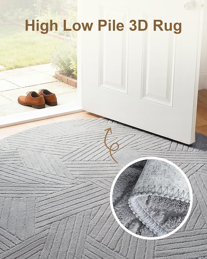 Carvapet 5.2ft Round Area Rug - Light Grey High Low Pile Modern Floor Carpet, Washable Plush 3D Texture Circle Mat with Skid-Resistant Rubber Backing for Living Room Nursery