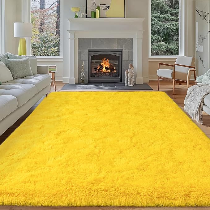 Dssimo Yellow Rug for Bedroom Living Room, 8x10 Soft Shaggy Area Rugs | Large Plush Fluffy Upgrade Non-Slip Yellow Area Rug for Nursery Kids Room Dorm Room Home Decor, Indoor Plush Floor Carpet