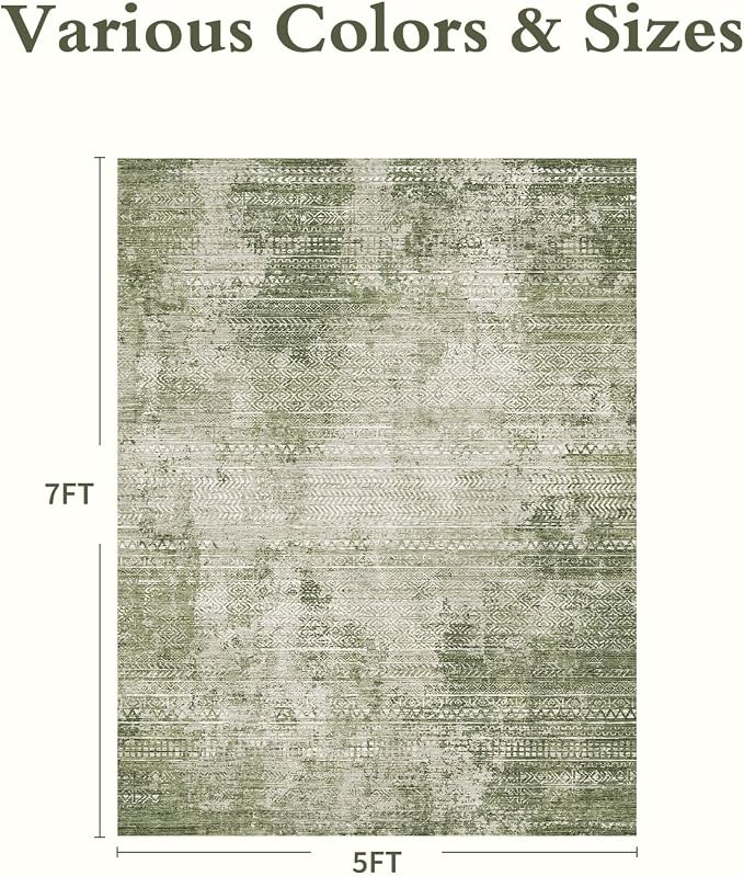 5x7 Area Rugs for Living Room Non Slip Machine Washable Rug Distressed Abstract Soft Indoor Carpet Neutral Boho Rug for Bedroom Dining Room Playroom Office, Green