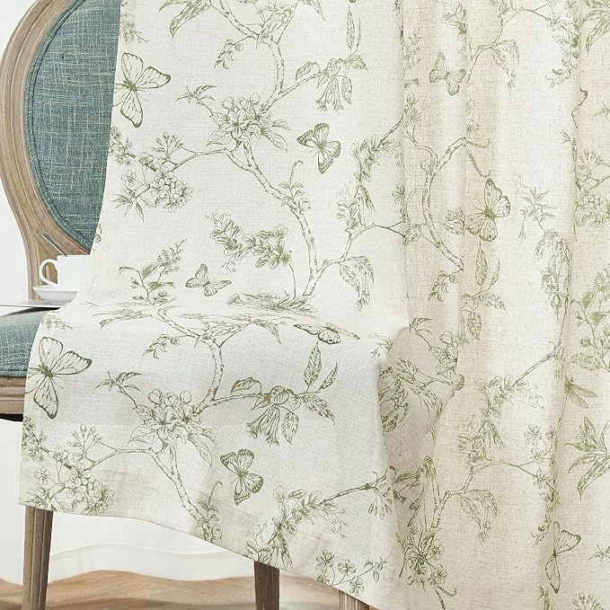 Lazzzy Charlotte Linen Green Floral Curtains 96 Inch Length Farmhouse Curtain Back Tab Drapes for Living Room Bedroom Light Filtering Vintage Rod Pocket Curtains, 2 Panels, Green on Beige